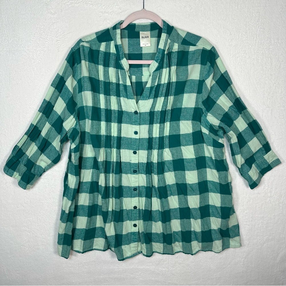 BLAIR Women’s XL Green Buffalo Plaid Shirt 100% Cotton Pintuck Pleat Cottagecore